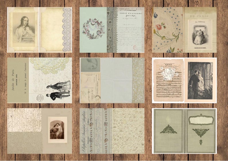 May include: A collection of vintage ephemera, including postcards, book pages, and illustrations. The items feature faded colors, lace trim, and handwritten script. The overall aesthetic is antique and romantic, with a focus on paper goods and decorative elements.