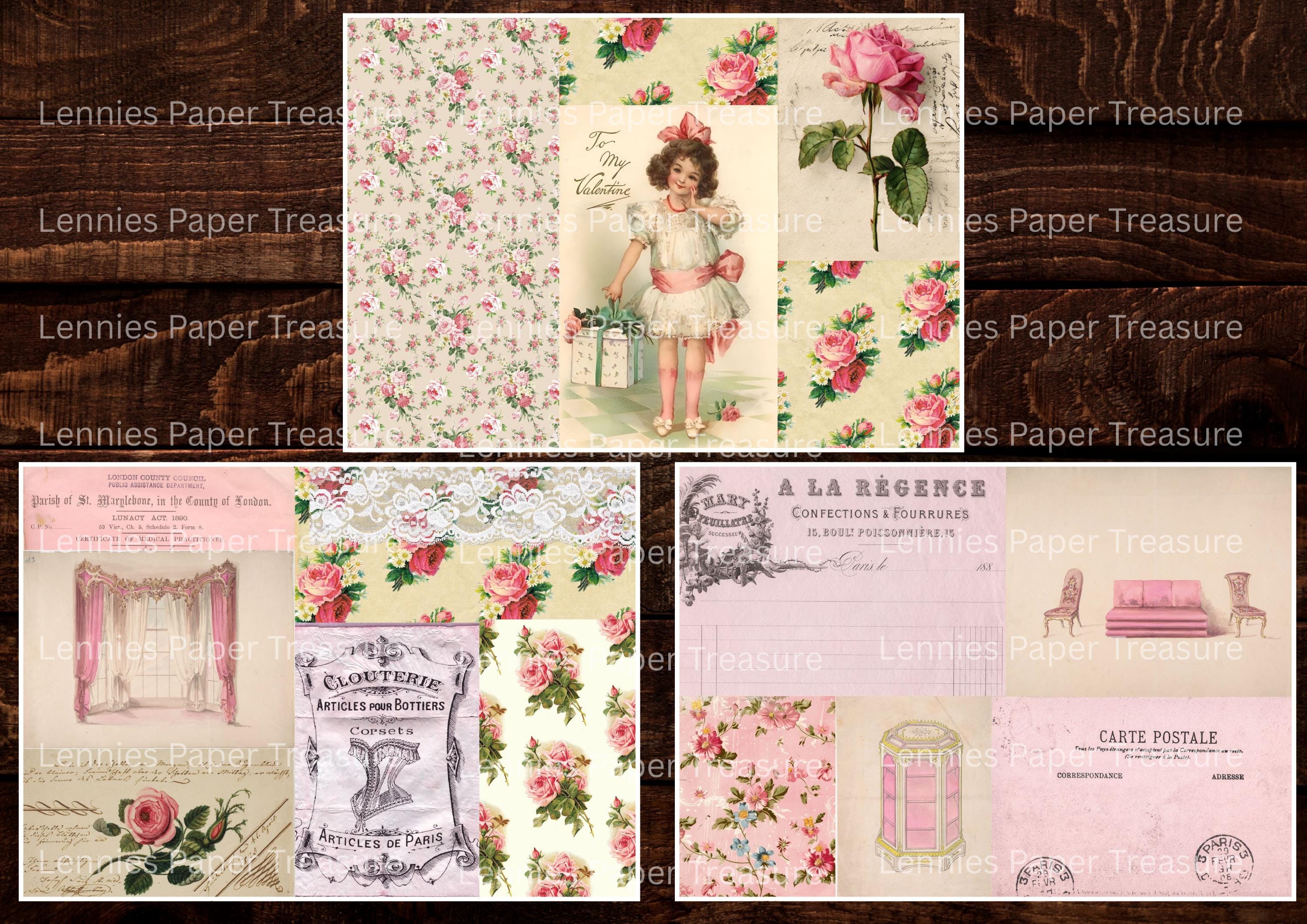 Vintage Collage Tear Sheets, Digital Download, Shabby Pink Paper ...
