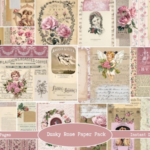 May include: A collection of vintage paper sheets with a dusky rose theme. The design incorporates images of angels, roses, sheet music, and antique advertisements. The text "Dusky Rose Paper Pack" and "Instant Download" are visible.