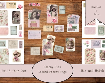 Shabby Pink Vintage Junk Journal Tag Kit | Digital Download | Loaded Pocket Tags | Printable Ephemera | Journal Tags | Fussy Cuts | Digi Kit