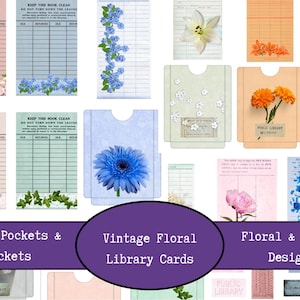 Tarjetas de biblioteca vintage imprimibles, kit de tarjetas florales y bolsillos, efímeras imprimibles, diarios basura, álbumes de recortes y kit de tarjetas de biblioteca antiguas.