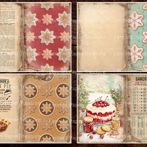 May include: A collage of vintage-style pages with a baking theme. Includes recipes, snowflake patterns, and a homemade pecan pie graphic. A cake with cherries and jars of preserves are also featured.