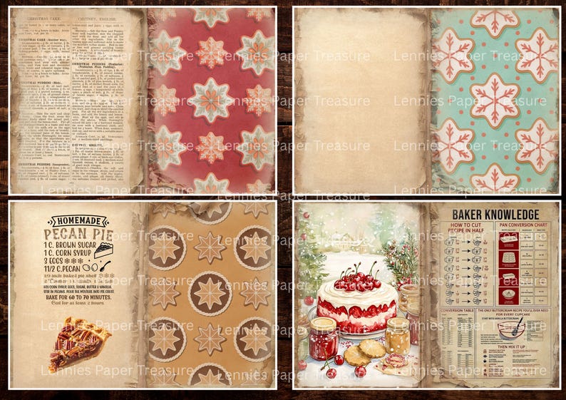 May include: A collage of vintage-style pages with a baking theme. Includes recipes, snowflake patterns, and a homemade pecan pie graphic. A cake with cherries and jars of preserves are also featured.