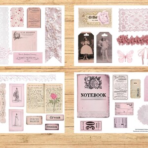 May include: A collage of vintage ephemera in shades of pink and cream, including lace, tags, journal pages, and a notebook with the word "NOTEBOOK" on the cover. The image includes a variety of decorative elements.
