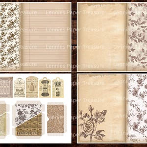 May include: A collage of vintage-style paper elements. Includes lined paper, floral patterns, botanical illustrations, and decorative tags. The color palette is primarily sepia tones, with a distressed, aged appearance. The text "Lennies Paper Treasure" is visible.