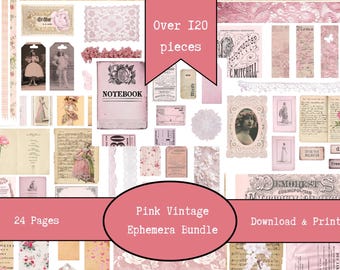 Pink Vintage Ephemera Bundle | Shabby Chic Junk Journal Tags Washi Fussy Cuts | Printable Ephemera | Scrapbook Digitals | Embellishments