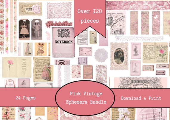 Pink Vintage Ephemera Bundle | Shabby Chic Junk Journal Tags Washi Fussy Cuts | Printable Ephemera | Scrapbook Digitals | Embellishments