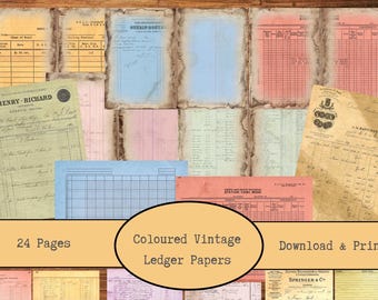 Colour Vintage Ledger Pages | Printable Antique Ledgers | Old Handwritten Ledger Papers | Ledger Junk Journal Pages | Ledger Paper Pack PDF