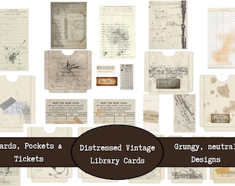 Vintage afdrukbare bibliotheekkaarten | Grungy set met distressed kaarten en zakjes | Afdrukbare ephemera | Junkjournaal | Antieke bibliotheekkaartenset | Pdf