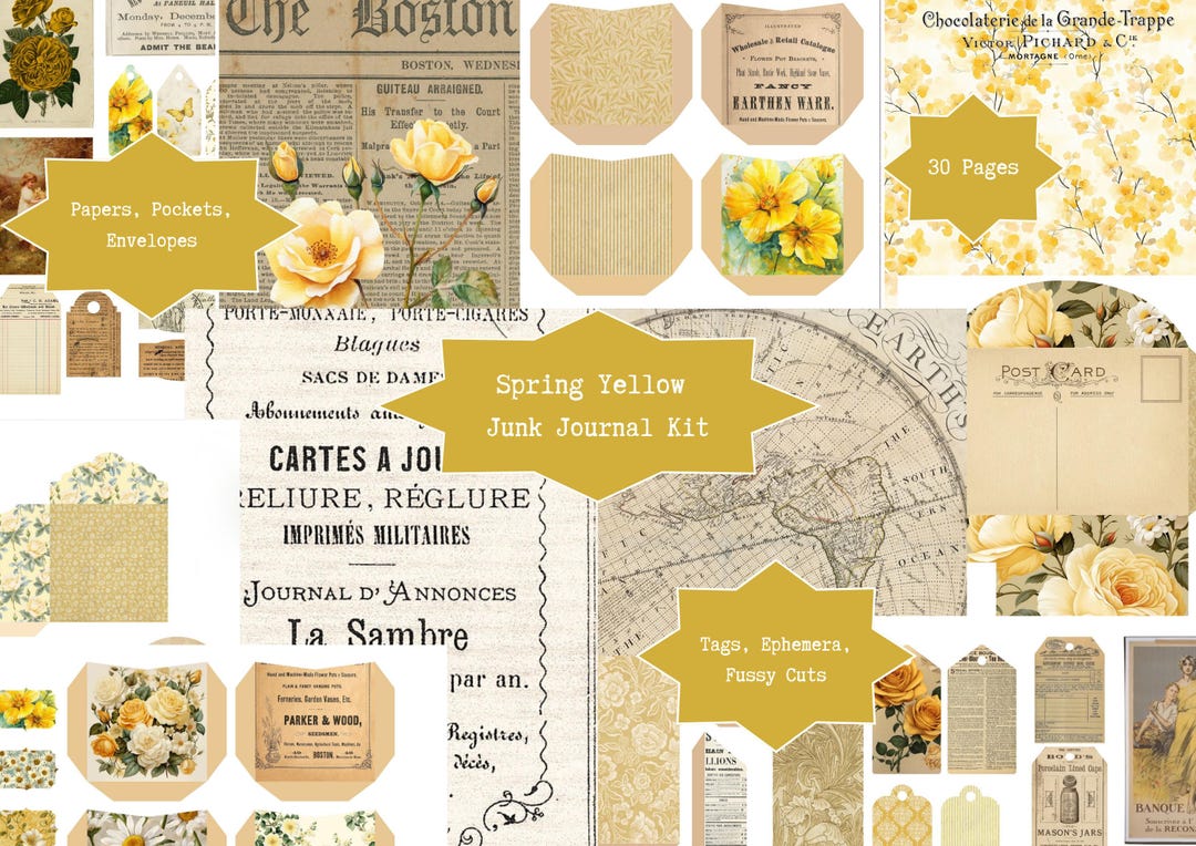 Spring Yellow Junk Journal Kit, Digital Download, Vintage Papers ...