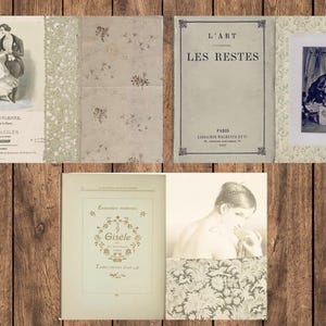 May include: A collection of vintage ephemera, including antique book pages and illustrations. The items feature romantic imagery, floral patterns, and French text. The color palette is primarily neutral with sepia tones, creating a nostalgic aesthetic.