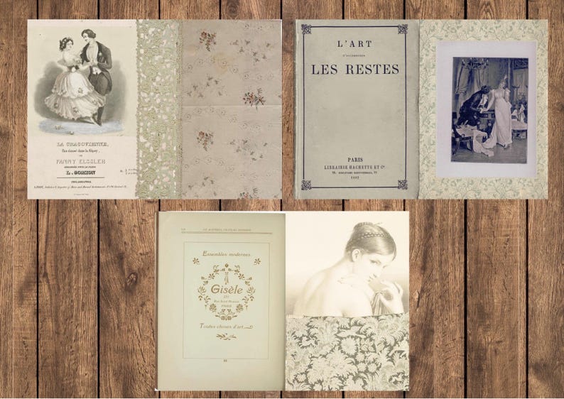 May include: A collection of vintage ephemera, including antique book pages and illustrations. The items feature romantic imagery, floral patterns, and French text. The color palette is primarily neutral with sepia tones, creating a nostalgic aesthetic.
