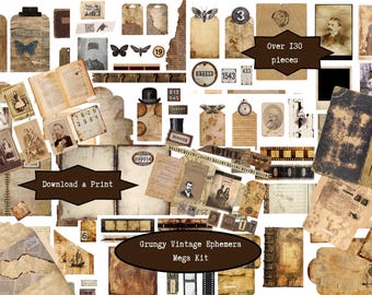 Grungy Vintage Ephemera Junk Journal digitale kit | Afdrukbare elementen | Kieskeurige snitten | Antieke digitale plakboeken | Grungeversieringen pdf