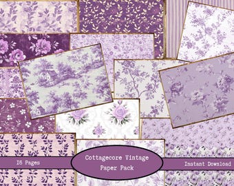 Vintage Lila Cottagecore Digitales Papier | Blumenmuster-Papiere | Junk Journal Printables | Sammelalbum Digital | PDF Datei Flieder Shabby Chic