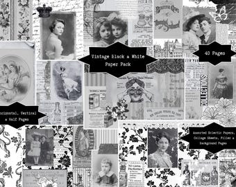 Vintage Black and White Paper Pack | Mixed Printable Junk Journal Collage Pages, Scrapbook Backgrounds, Craft Sheets | Digital Ink Saver Kit