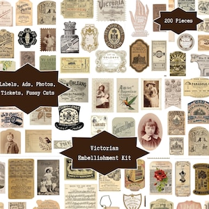200 Victorian Junk Journal Embellishments | Vintage Digital Ephemera Kit, Labels, Tickets, Fussy Cuts | Scrapbook Supplies | Collage Sheets