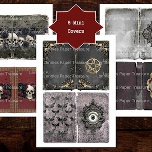 Puede incluir: Una colecci&oacute;n de seis mini portadas de libros con im&aacute;genes oscuras que incluyen calaveras, rosas, murci&eacute;lagos, un pentagrama, un ojo y marcos ornamentados. Los dise&ntilde;os est&aacute;n en tonos grises, negros y rojo oscuro con el texto 6 Mini Covers.