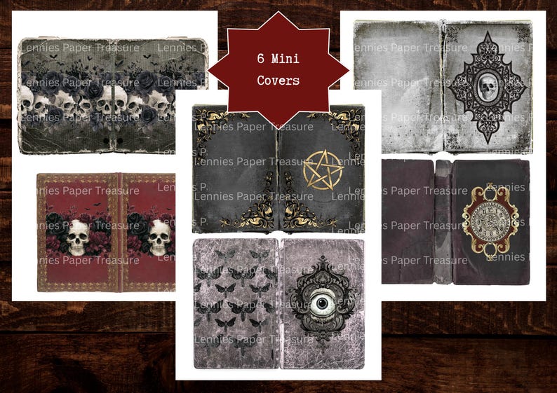 Puede incluir: Una colecci&oacute;n de seis mini portadas de libros con im&aacute;genes oscuras que incluyen calaveras, rosas, murci&eacute;lagos, un pentagrama, un ojo y marcos ornamentados. Los dise&ntilde;os est&aacute;n en tonos grises, negros y rojo oscuro con el texto 6 Mini Covers.