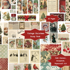 May include: A collage of vintage Christmas-themed ephemera, including illustrations of Santa Claus, angels, and Christmas trees. The collection features scrapbook paper, tags, and journal pages. Text includes "Vintage Christmas Scrap Pack" and "Junk Journal, Scrapbook, Papercraft Kit."
