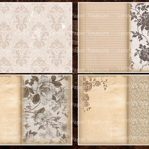 May include: A collage of vintage-style paper designs. The top left features a cream-colored damask pattern. The top right shows lined paper and floral print. The bottom panels display floral and rose-themed designs. The text "Lennies Paper Treasure" is visible.