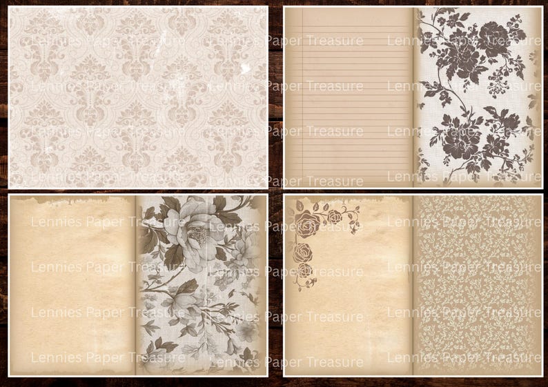 May include: A collage of vintage-style paper designs. The top left features a cream-colored damask pattern. The top right shows lined paper and floral print. The bottom panels display floral and rose-themed designs. The text "Lennies Paper Treasure" is visible.