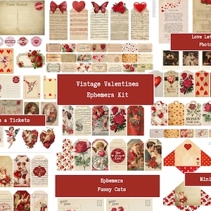 May include: A selection of vintage Valentine's ephemera, including tags, tickets, mini envelopes, and fussy cuts. The items feature red roses, cherubs, hearts, and love letters. Ideal for scrapbooking and crafting projects.