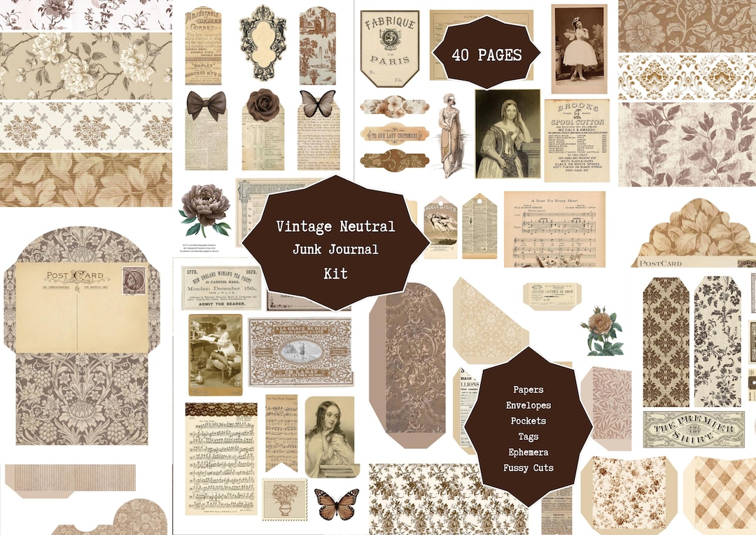 Vintage Neutral Junk Journal Kit | Digital Papers, Pages, Pockets, Tags ...