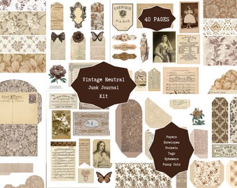 Kit de diario vintage neutro con papeles digitales, páginas, bolsillos, etiquetas, recortes y adornos. Paquete imprimible en PDF con estilo shabby chic antiguo.