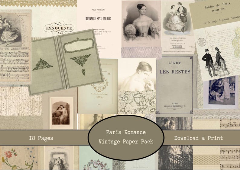 May include: A collage of vintage ephemera, including book pages, illustrations, and sheet music. The central focus is a light green book with ornate corner designs. The text "Paris Romance Vintage Paper Pack" is displayed in an oval banner. The image includes the text "18 Pages" and "Download & Print".