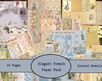 Puede incluir: Un collage de hojas de papel de estilo vintage con diseños florales, damasco y retratos. Los papeles presentan colores pastel suaves, incluyendo rosa, azul y crema. El texto en la imagen dice "Elegant French Paper Pack" y "Instant Download".