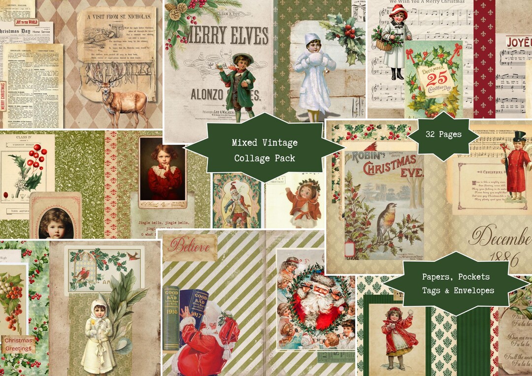 Vintage Christmas Collage Pack | Printable Junk Journal Kit, Mixed ...