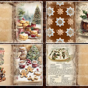 May include: A collage of vintage-style Christmas images. Includes illustrations of cookies, cakes, jars of preserves, a Christmas tree, and a recipe for gingerbread cookies. The color palette is warm, with browns, reds, and greens.