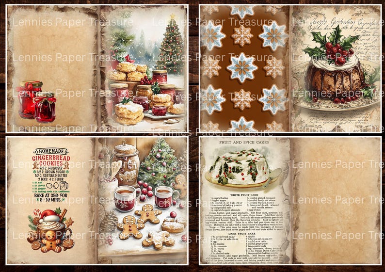 May include: A collage of vintage-style Christmas images. Includes illustrations of cookies, cakes, jars of preserves, a Christmas tree, and a recipe for gingerbread cookies. The color palette is warm, with browns, reds, and greens.