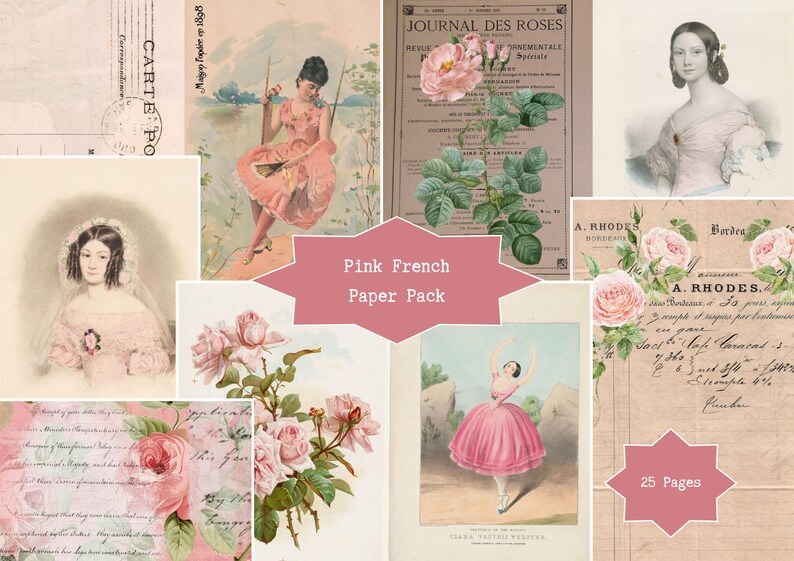 Vintage French Pink Paper Pack, Junk Journal Kit, Digital Prints, Paris ...
