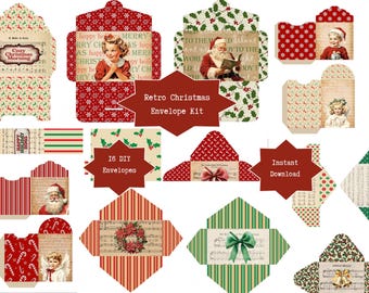 Retro Christmas Envelope Kit | Digital Vintage DIY Envelopes | Printable Junk Journal, Scrapbook Ephemera | Craft Supplies | Holiday Crafts