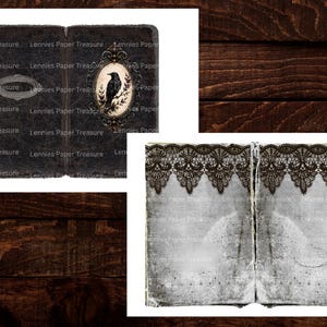 Puede incluir: Dos dise&ntilde;os de papel digital rectangulares. El primero tiene un fondo oscuro y texturizado con un cuervo negro en un marco ovalado ornamentado y una etiqueta vac&iacute;a. El segundo es un fondo gris claro desgastado con un borde de encaje oscuro.