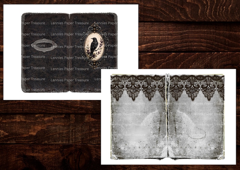 Puede incluir: Dos dise&ntilde;os de papel digital rectangulares. El primero tiene un fondo oscuro y texturizado con un cuervo negro en un marco ovalado ornamentado y una etiqueta vac&iacute;a. El segundo es un fondo gris claro desgastado con un borde de encaje oscuro.