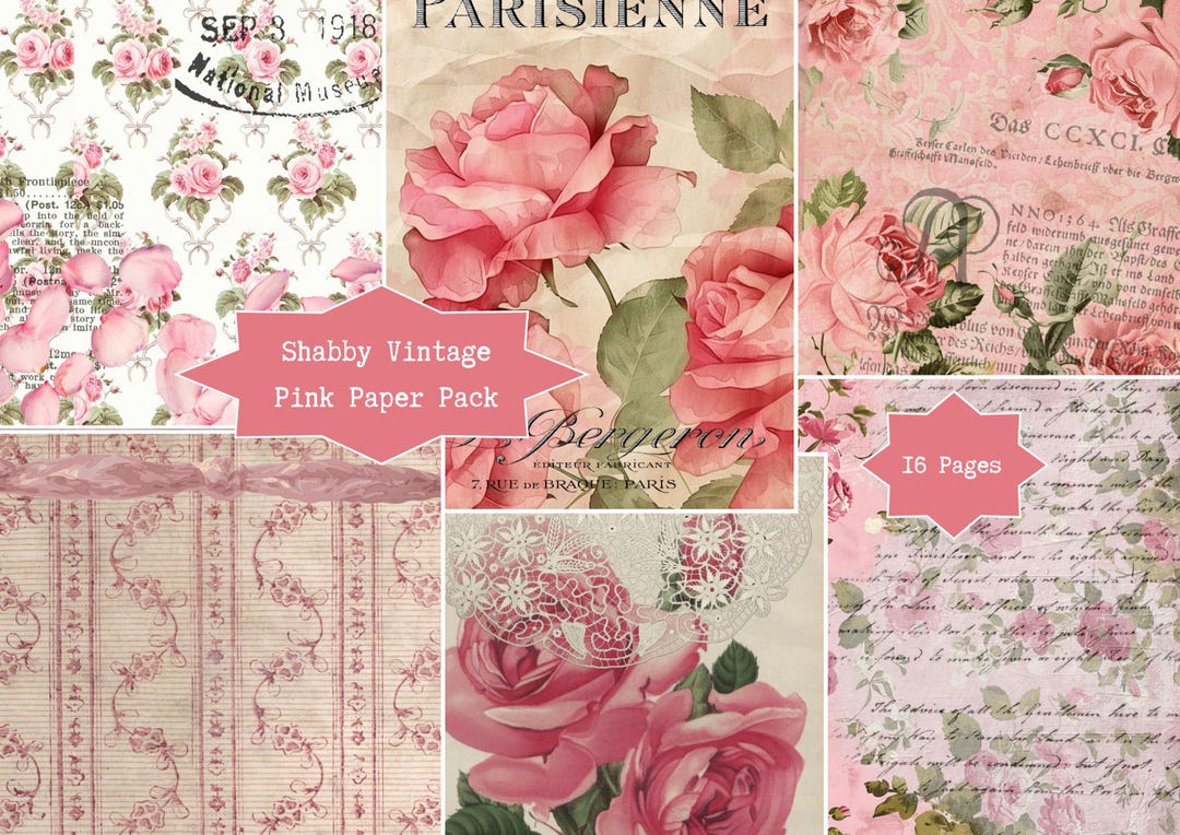 Shabby Vintage Pink Paper Pack, Digital Prints, Pink Roses, Printable ...