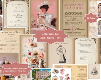 Nachmittagstee Vintage Junk Journal, Scrapbook Kit | Ausdruckbare Ephemera, Umschläge Teeparty, Teebeutel, viktorianische Damen, rosa, Shabby Chic