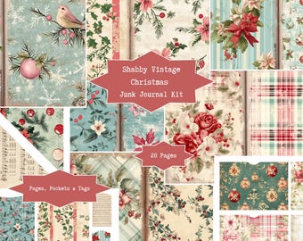 Shabby Vintage Christmas Junk Journal Kit | Printable Pages, Pockets, Tags | Winter Scrapbook Craft Supply Ephemera | Digital Download PDF