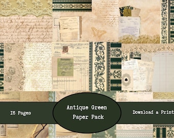 Antique Green Digital Paper Pack | Vintage Printable Collection | Digital Scrapbook Papers | Antique Gold | Collage for Journaling  | A4 PDF