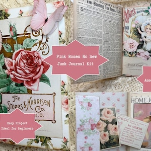 Puede incluir: Un kit de diario basura sin costura de rosas rosas. El kit incluye páginas de estilo vintage con detalles florales y de mariposas. La portada presenta una gran rosa rosa y el texto "Spring 1900". El kit también incluye el texto "Easy Project Ideal for Beginners" y "YouTube Assembly Video".