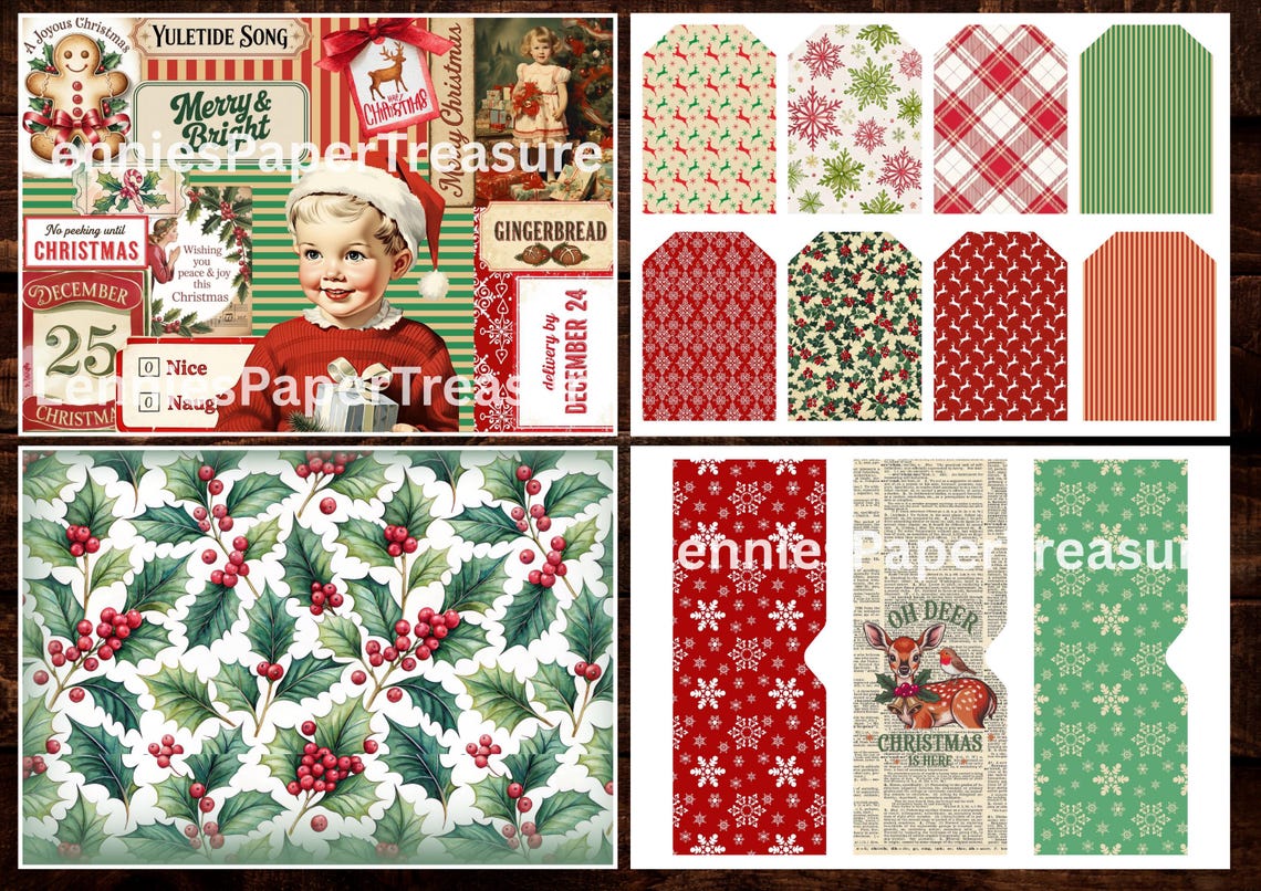 Retro Christmas Junk Journal Kit | Digital Red Vintage Collage Sheets ...