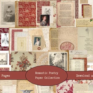 May include: A selection of 18 pages of romantic poetry paper, with vintage illustrations, handwritten text, and floral patterns in red, cream, and sepia. Includes portraits, tags, and decorative elements for crafting or scrapbooking.