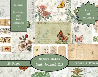 Vintage Botanical Digital Junk Journal Kit | Ephemera Digitals | Nature Field Notes | Butterflies Fussy Cuts | Printable Collage Papers