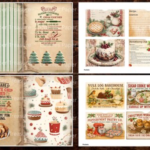 May include: A collage of vintage-style recipe cards and baking-themed illustrations. The images include recipes for sugar cookies, chocolate chip cookies, and other baked goods, with Christmas tree and dessert illustrations.