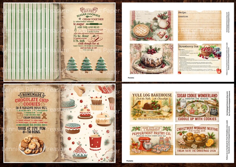 May include: A collage of vintage-style recipe cards and baking-themed illustrations. The images include recipes for sugar cookies, chocolate chip cookies, and other baked goods, with Christmas tree and dessert illustrations.