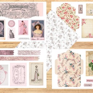 May include: A collage of vintage ephemera in shades of pink, cream, and gray. Includes illustrations of women, a cat, floral patterns, decorative ribbons, and text elements such as "DEMOREST'S EMPORIUM FASHION" and the word "courage".