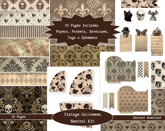 May include: A digital kit featuring 30 pages of vintage Halloween-themed papers, pockets, envelopes, tags, and ephemera. The collection includes patterns with skulls, spiders, eyes, damask, and floral motifs in neutral, sepia, and black tones.
