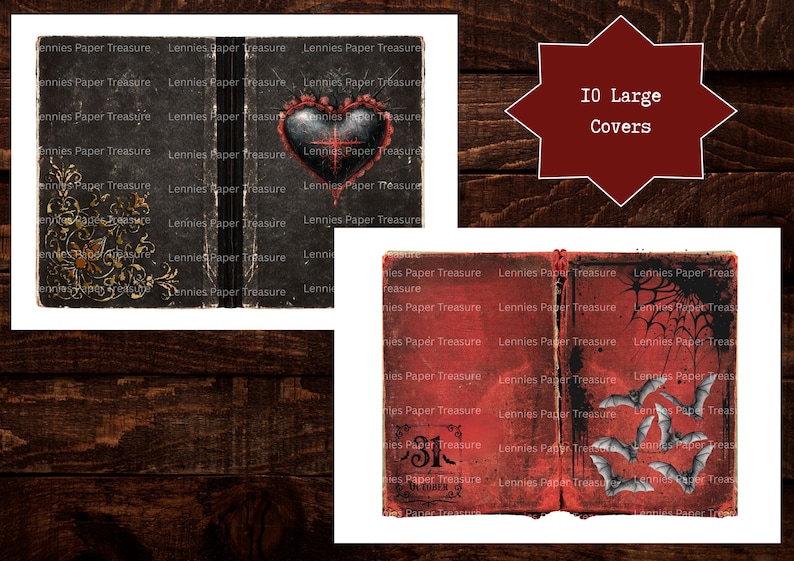 Puede incluir: Dos portadas de libro rectangulares. La primera es negra con filigrana dorada y un coraz&oacute;n rojo central. La segunda es roja con una telara&ntilde;a negra, murci&eacute;lagos volando y el texto 31 October. Una estrella roja contiene 10 Large Covers.